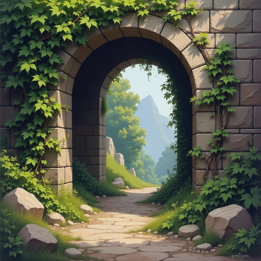  an oil painting in 80's fantasy poster art of ancient vine covered stone archway marking the entrance to the ruins with broken and weathered stones.