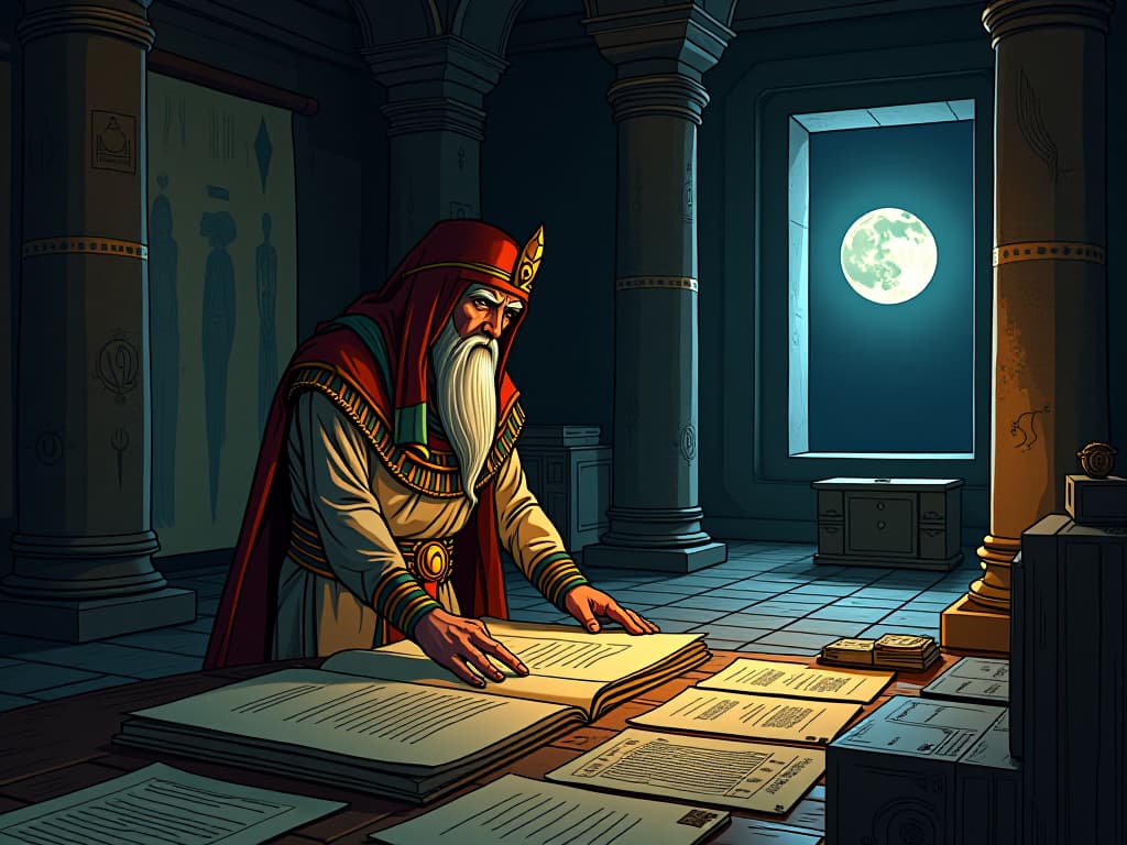  a wise egyptian elder organizing scrolls and artifacts in a dimly lit chamber, full moon light filtering through a small window, symbolizing reorganization and prioritization, methodical atmosphere. the style is digital art illustration / modern comic book / mysterious occult, symbolic, esoteric vibe,high detail on character design, incorporating ancient egyptian symbology and attire.