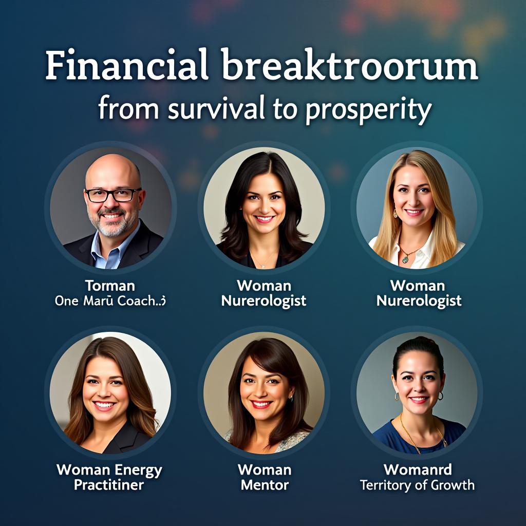  create a layout for a forum featuring one man a coach, a woman psychologist, a woman numerologist, a woman art therapist, a woman energy practitioner, a woman mentor, and a woman founder of the company "territory of growth". the theme of the forum is "financial breakthrough: from survival to prosperity".