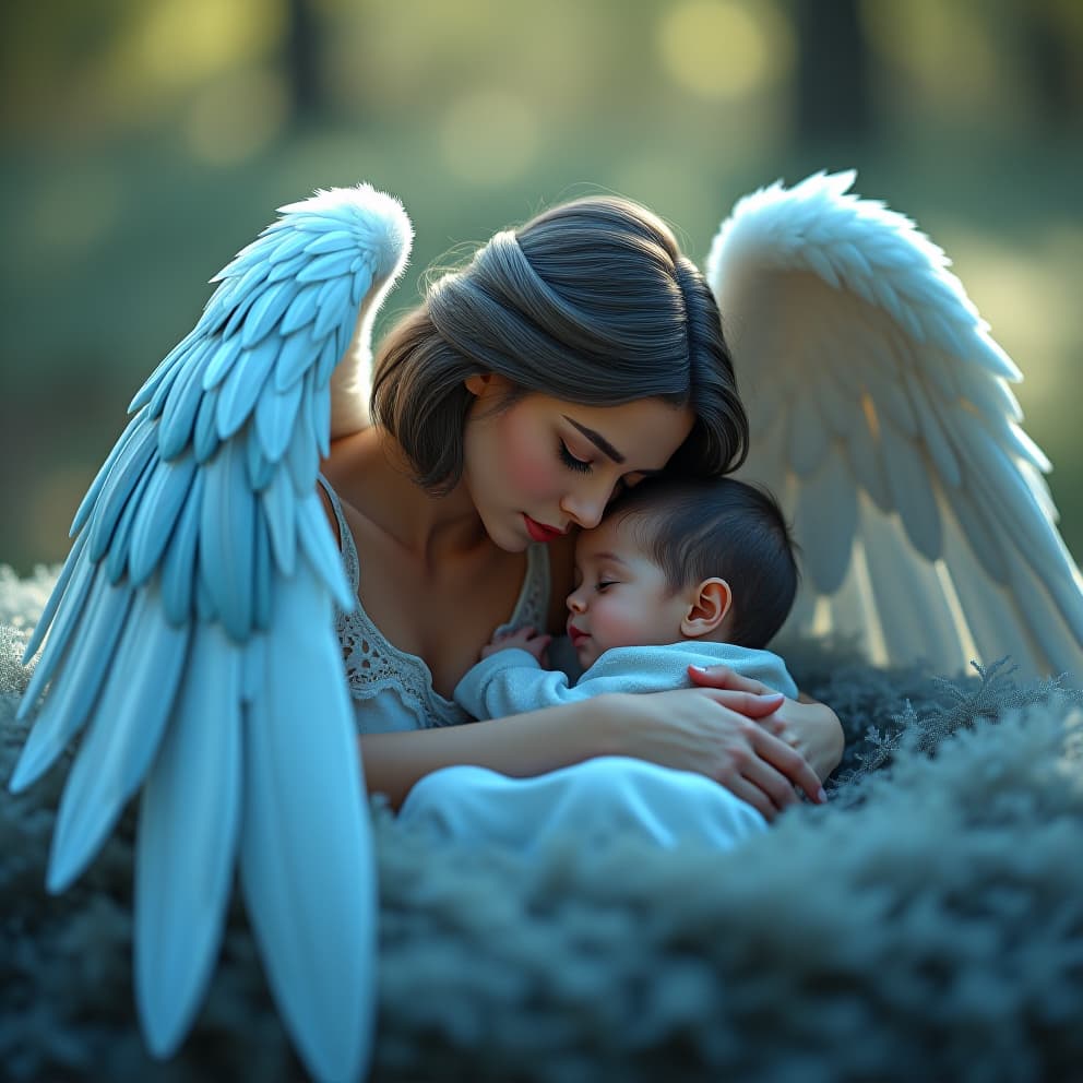  hyper maximalist matte painting with depth of field of a mother with full length angel wings hugging her baby. the two are nestled in a nest of blue and white feathers, creating a calm, ephemeral magical and charming atmosphere, combines warm and cold tones. in the style of unreal engine 5hyper detail, intricate details, sharp focus, high resolution, 8k, ultra detailed, vib