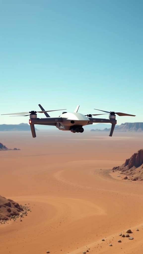  a sleek mq 9 reaper drone flies over a vast, barren desert landscape under a clear blue sky. below, rugged terrain and scattered rocks reflect the harsh sunlight, while the drone's metallic body glistens. the scene conveys a sense of precision and advanced technology, with the drone's camera and sensors prominently displayed, emphasizing its role in surveillance and reconnaissance.