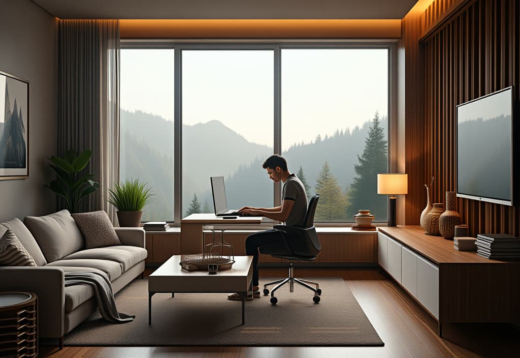  a landscape photo of a multifunctional living room with a built in workspace nook, featuring a floating desk, ergonomic chair, and clever storage solutions integrated into the overall design hyperrealistic, full body, detailed clothing, highly detailed, cinematic lighting, stunningly beautiful, intricate, sharp focus, f/1. 8, 85mm, (centered image composition), (professionally color graded), ((bright soft diffused light)), volumetric fog, trending on instagram, trending on tumblr, HDR 4K, 8K