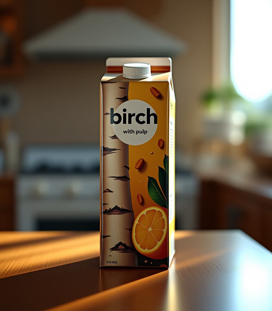  a carton of juice with a picture of a realistic birch on the front, the label says "birch juice with pulp", realistic, masterpiece, photo realistic, on a kitchen table hyperrealistic, full body, detailed clothing, highly detailed, cinematic lighting, stunningly beautiful, intricate, sharp focus, f/1. 8, 85mm, (centered image composition), (professionally color graded), ((bright soft diffused light)), volumetric fog, trending on instagram, trending on tumblr, HDR 4K, 8K