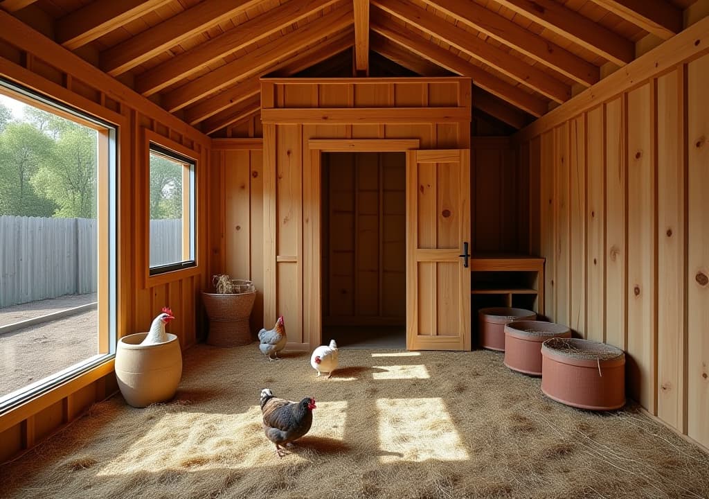  rustic charm: a new wooden chicken coop lined with hay