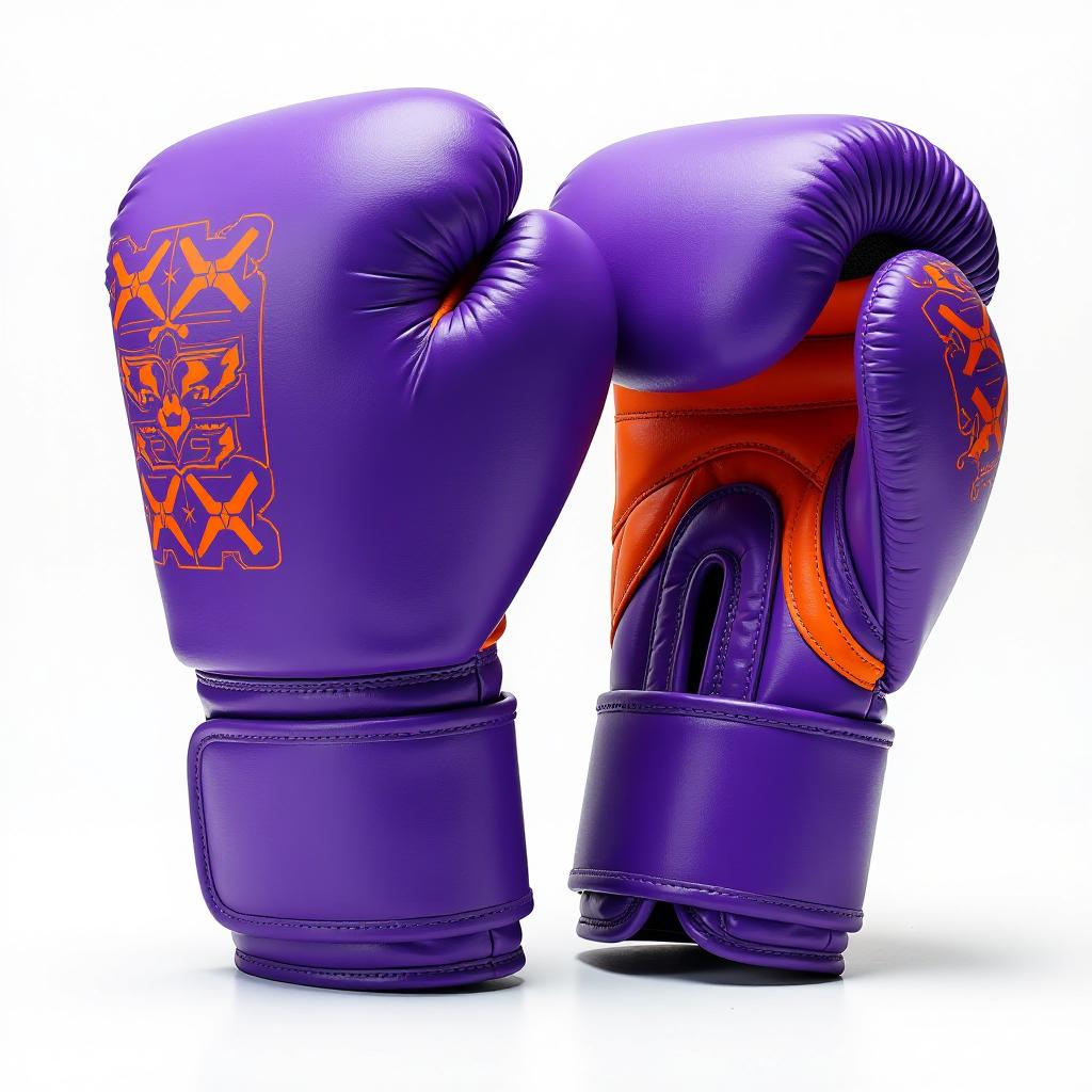  pair of purple boxing gloves with orange pattern, isolated on white background, modern and powerful, vibrant, high quality, high details, hd, perfect composition, 4k epic detailed, highly detailed, sharp focus, high resolution