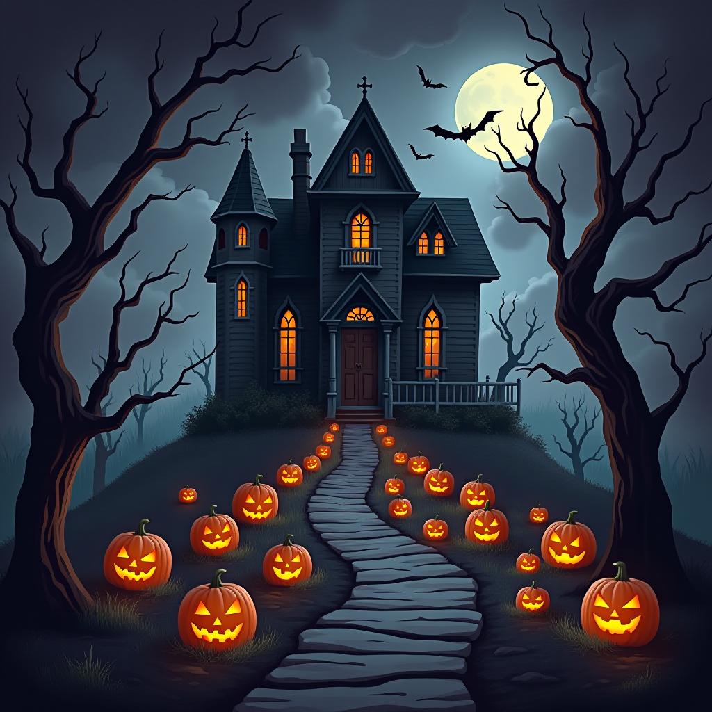  create a seamless digital painting of a spooky, halloween themed scene featuring a haunted house with gothic architecture. the house should be surrounded by twisted, gnarled trees and a multitude of jack o' lanterns. the scene should include a dark, cloudy sky to enhance the eerie atmosphere. the overall style should be detailed and atmospheric, capturing the essence of a haunted, creepy environment perfect for halloween, ensuring the design is seamless for use in repeating patterns or wraps.