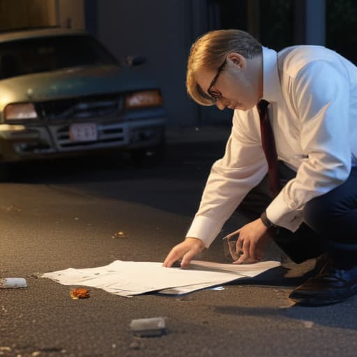 A photo of a car accident attorney examining evidence at a dimly lit crime scene in the early hours of the morning.