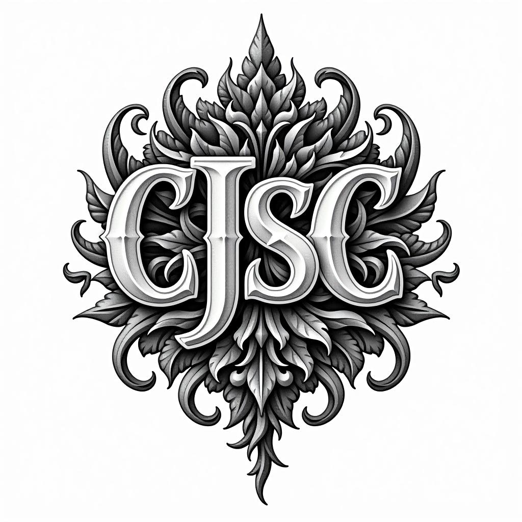  create tatoo with letters cjsc , (logo:1.15), black and white, hq, hightly detailed, 4k