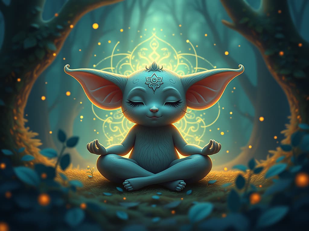  a mystical creature with eyes closed, meditating in a glowing forest, surrounded by luminous patterns. the patterns represent insight and understanding beyond rational limits. serene, mystical, ethereal.. the style is digital art illustration,highly detailed, whimsical,magical, dreamlike atmosphere, realism and fantasy blend, smooth, glossy textures,luminous quality, wonder and enchantment.