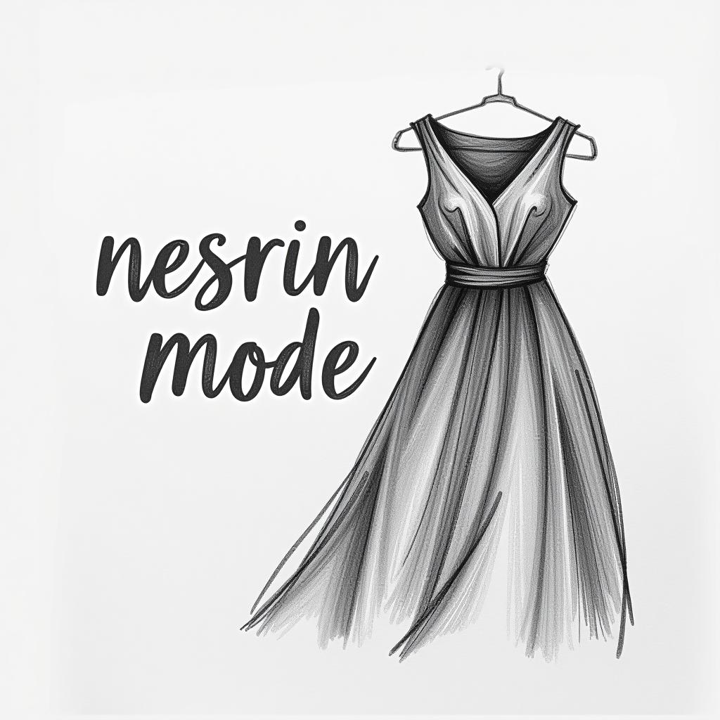  design a logo, in a pencil style. nesrin mode hintergrund schwarz schrift weiß neben ein gezeichnetes kleid , with the text 'nesrin mode '.