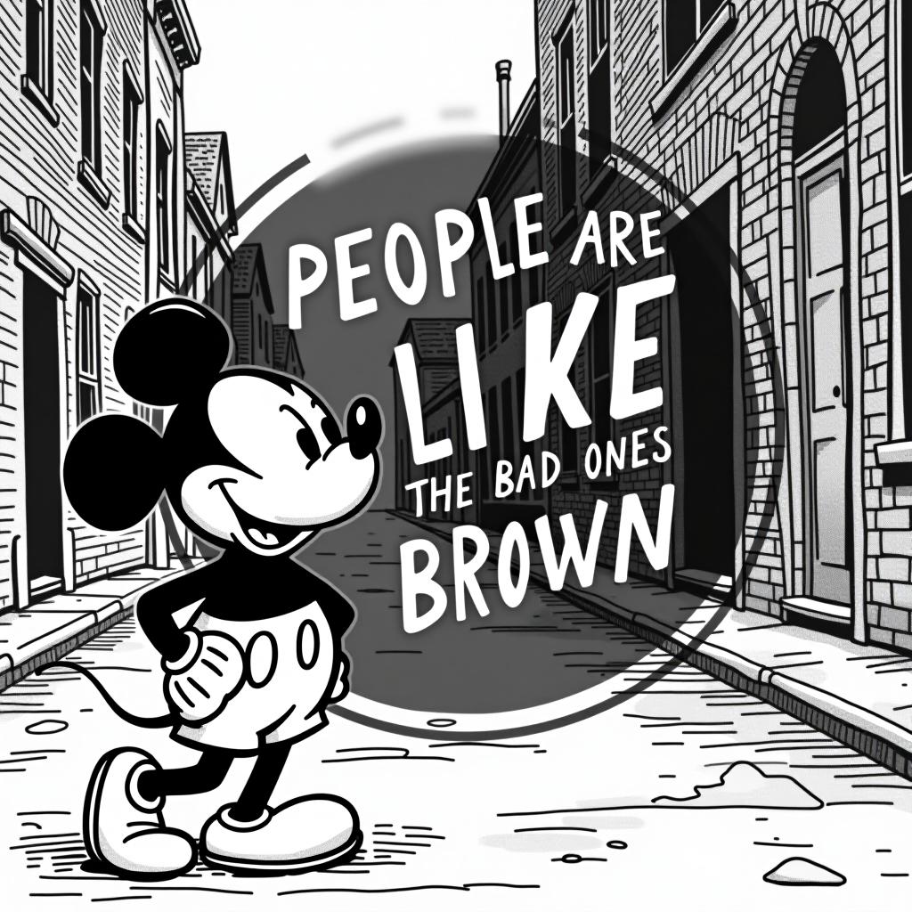  the image is a black and white, vintage style illustration that appears to be a reference to old animation, specifically in the style of early 20th century cartoons. the character in the image strongly resembles a famous animated mouse mickey mouse, depicted walking happily down a street lined with brick buildings. overlaid on the image is a bold, white text with a black outline that reads: "people are like bananas the bad ones are brown"