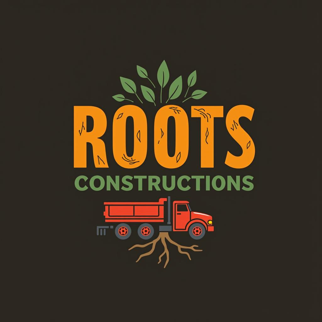  design a logo, make me a logo that says roots constructions in spanish that has roots in the earth but that those roots are streets, with two backhoes and a red truck.