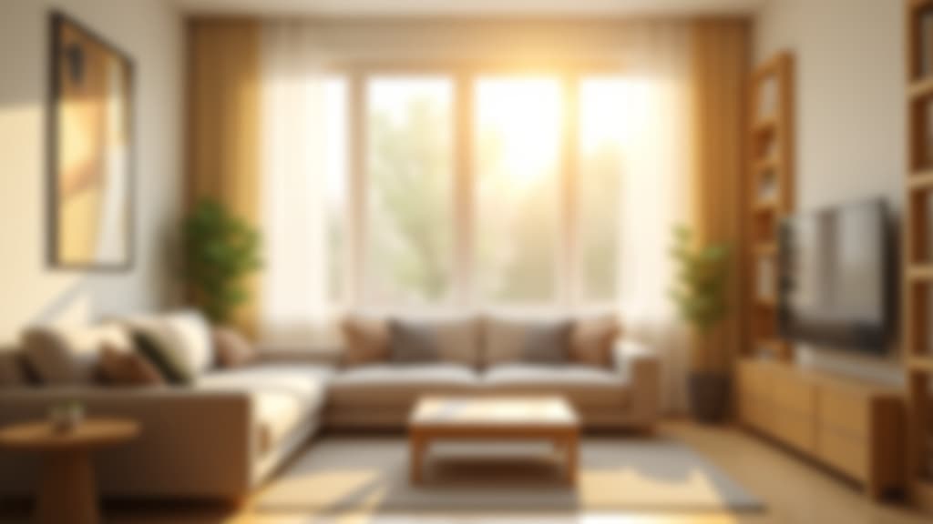  blur living room at home with morning sunlight at big window for background usage. blur interior background concept. white, britht tone