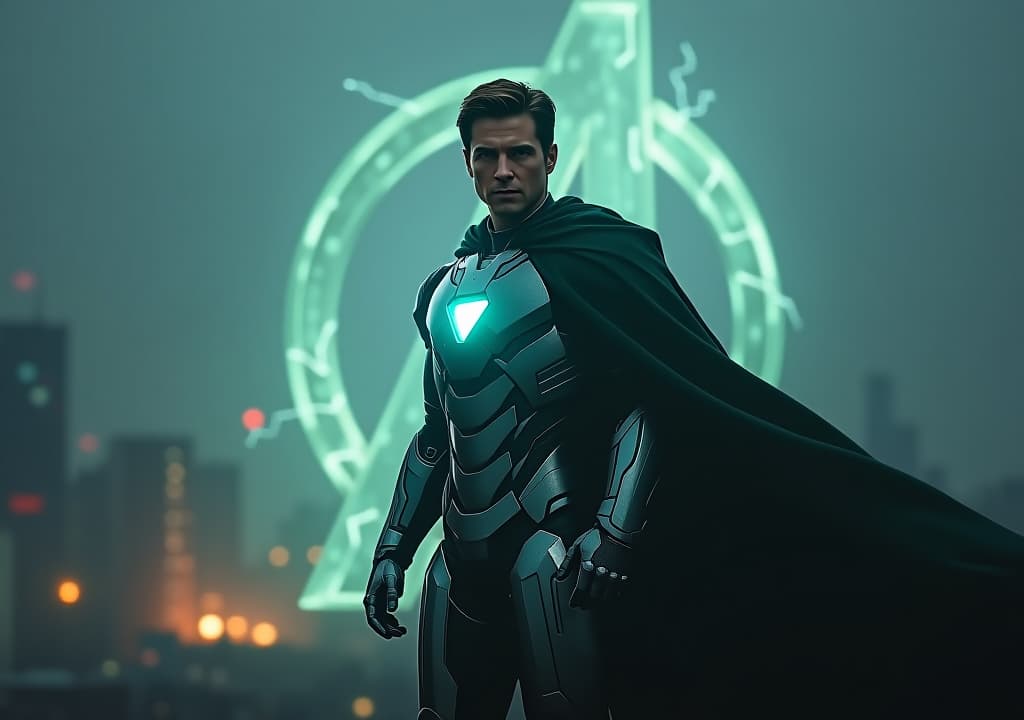  good quality, high quality, a hyper realistic movie poster for "avengers: secret war" starring tom cruise as ultimate ultron. he stands ominously in the foreground, his metallic body glowing with a faint blue green light. his dark green cloak flows in the wind, partially covering his iron man like armor. the war torn city behind him is shrouded in deep shadows, with the avengers logo crackling with energy in the background.