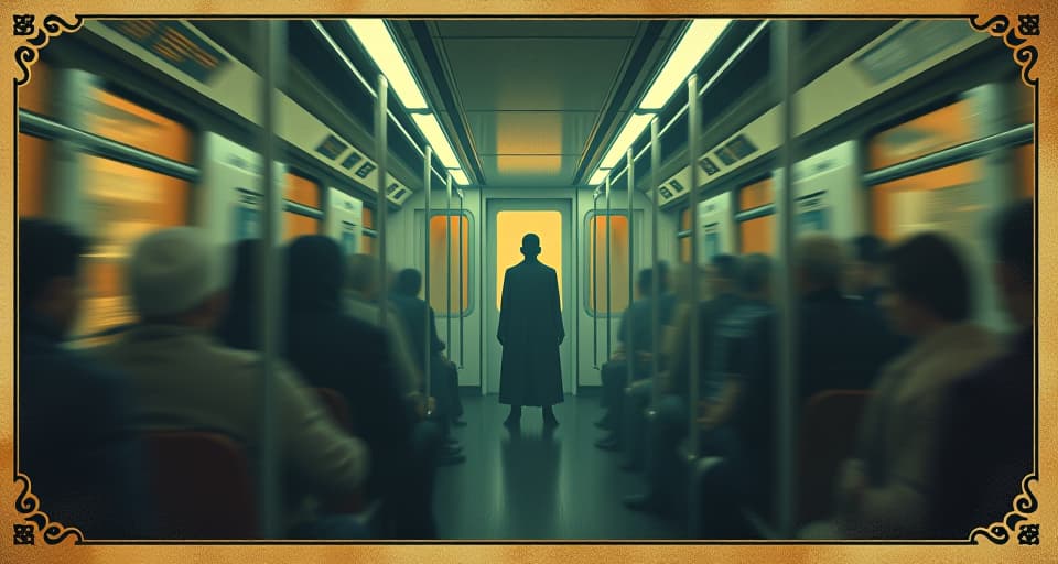  a subway car in motion, a solitary figure standing still amidst the rush, serene center, motion blur, relentless journey. an illustration in the style of a worn, mystical old tarot trump card, mysterious and elements of surrealism. the colors are muted, somber and eerie, but with contrast bring out an occult and esoteric vibe.