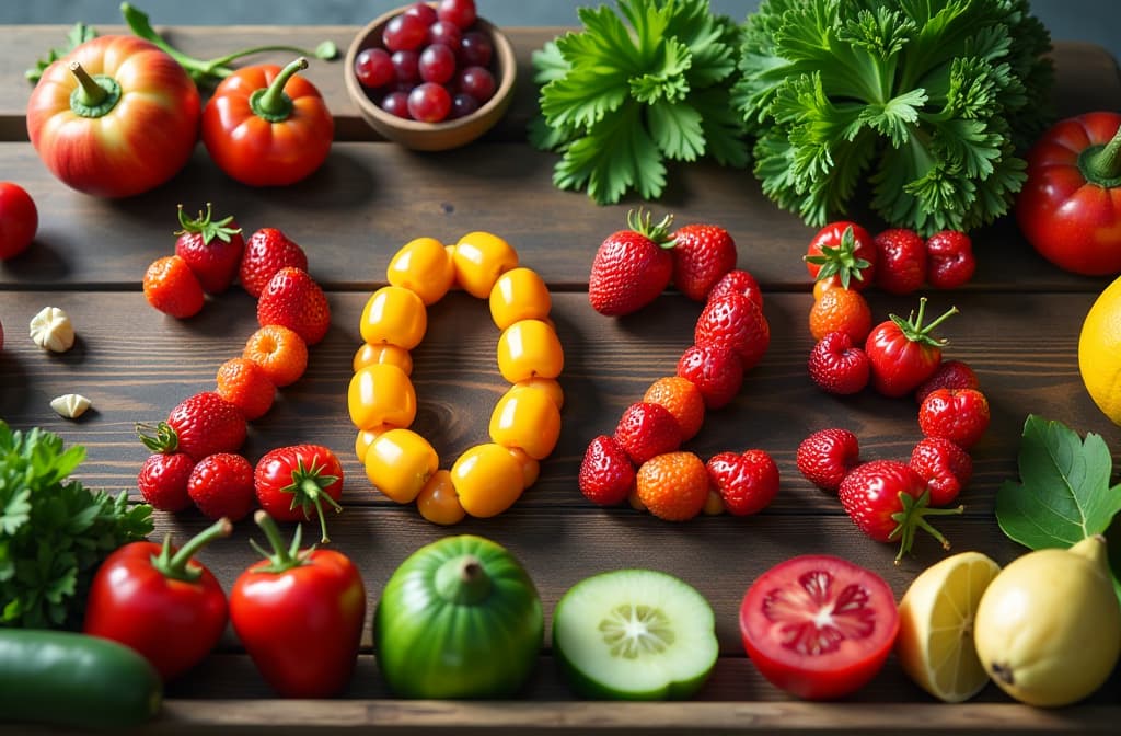  text "2025” made from fresh fruits and vegetables, arranged on a rustic kitchen table with ingredients for a healthy meal. {prompt}, maximum details