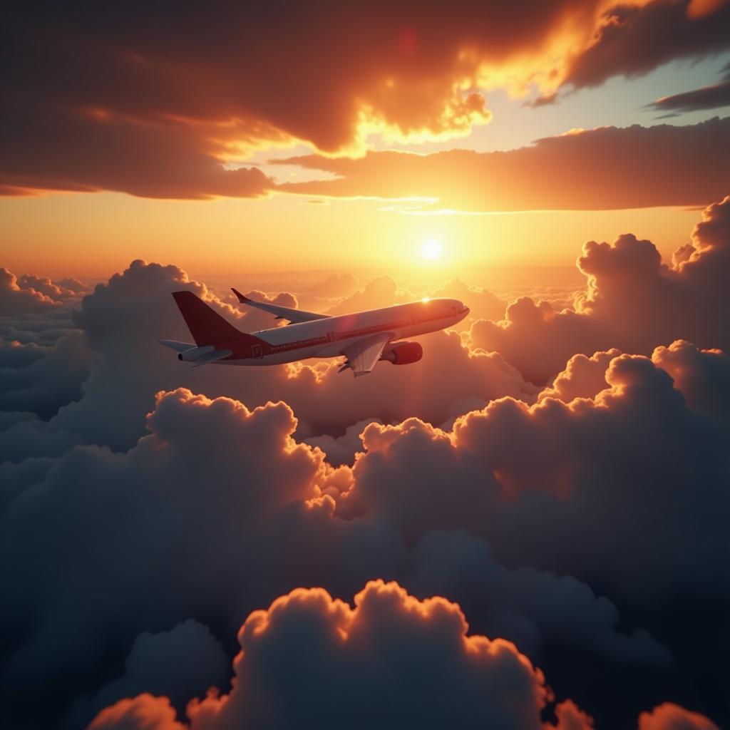  cinematic film style, passenger airplane flying above clouds during sunset, shallow depth of field, vignette, maximum details, high budget hollywood movie, bokeh, cinemascope, moody, epic, gorgeous, sun rays and shadows on furniture and surfaces, flattering light, raw photo, photography, photorealistic, 8k resolution, f1.4, sharpened focus, sharp focus