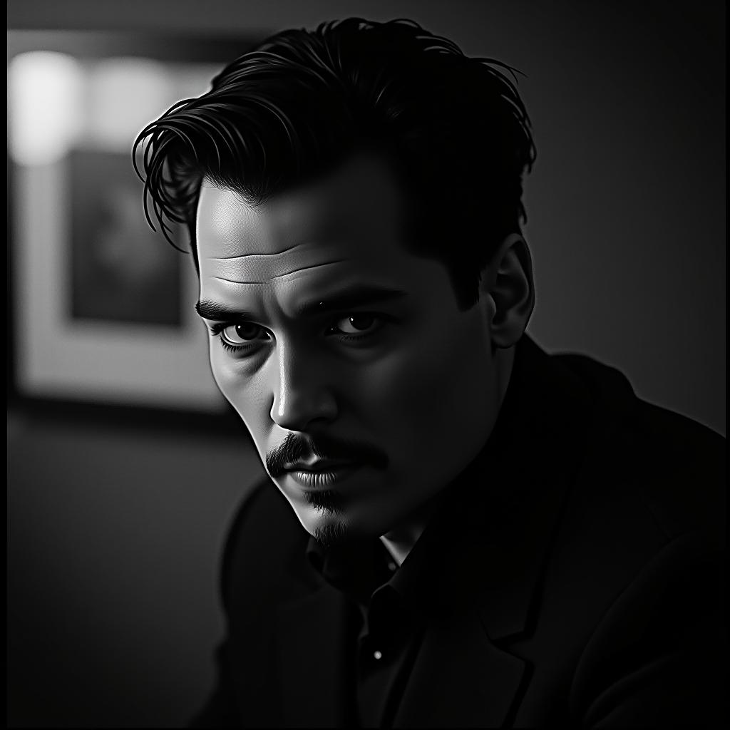  johnny depp photo portrait, film noir style, monochrome, high contrast, dramatic shadows, 1940s style, mysterious, cinematic