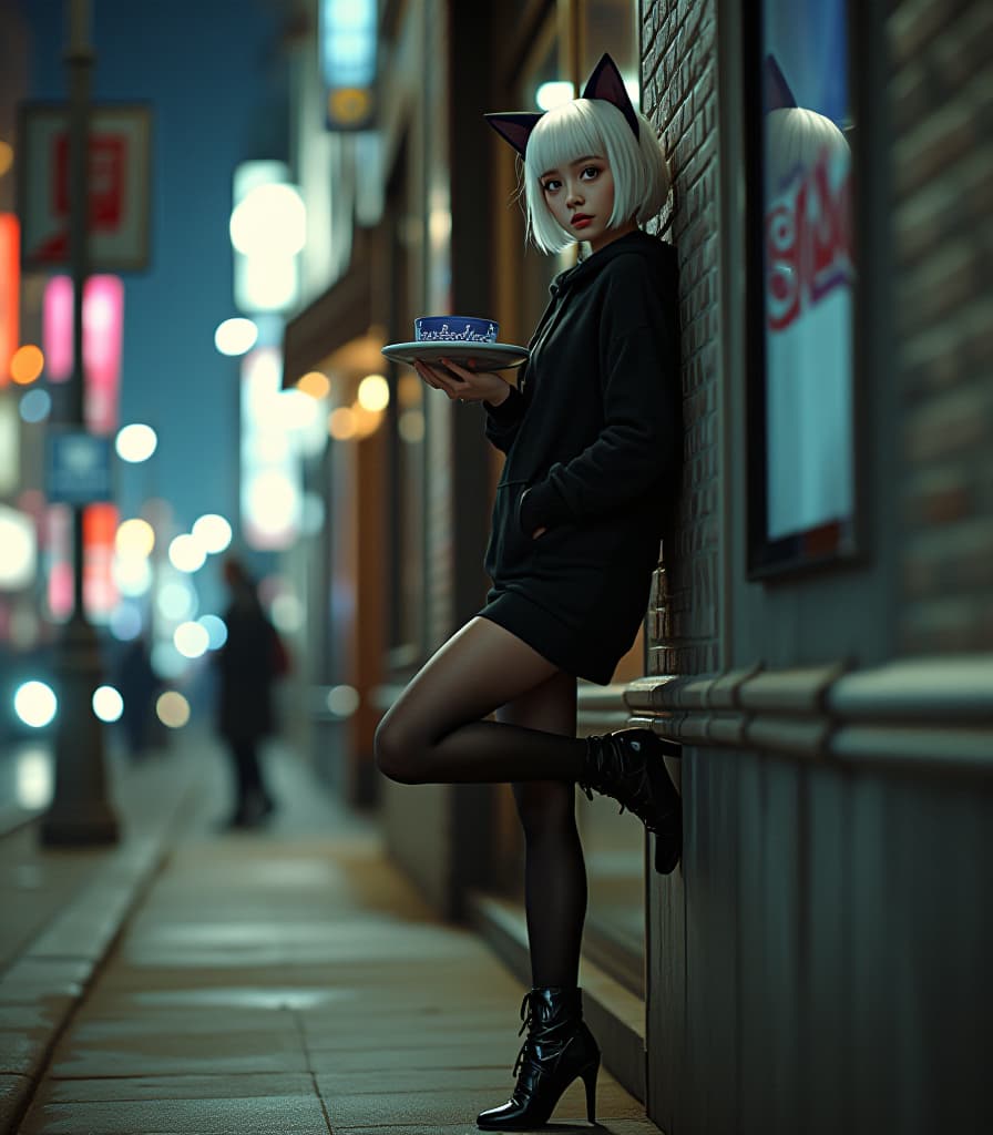  cinematic photo a young emo with white short hair in bob cut style and cat ears stands high leaning her foot against a wall in the city during halloween. he is wearing a black hoodie, a plate , black stockings above the knee and black leather high heeled boots. gothic style. full height, side view, hyperdetail, 4k . 35mm photograph, film, bokeh, professional, 4k, highly detailed