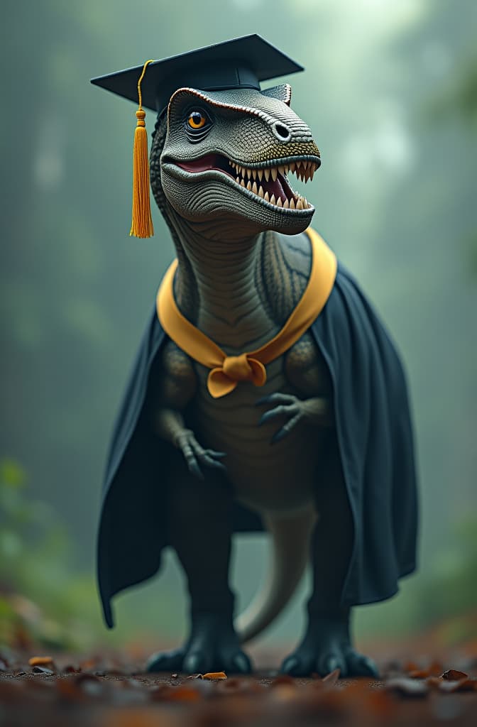  graduated dinosaur hyperrealistic, full body, detailed clothing, highly detailed, cinematic lighting, stunningly beautiful, intricate, sharp focus, f/1. 8, 85mm, (centered image composition), (professionally color graded), ((bright soft diffused light)), volumetric fog, trending on instagram, trending on tumblr, HDR 4K, 8K