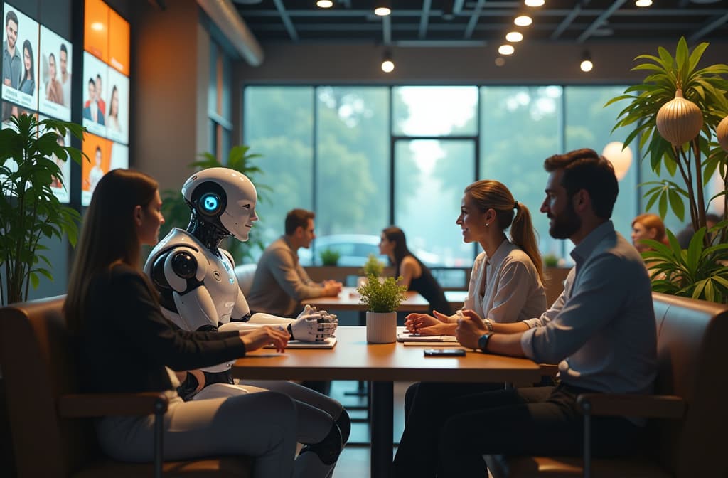  "create a futuristic scene in a sleek, modern café where an advanced humanoid robot is engaging in a lively conversation with a diverse group of people. the robot should have a friendly design, featuring glowing accents and expressive facial features, while the café is filled with high tech gadgets and digital screens displaying social interactions. soft ambient lighting and lush green plants create a warm, inviting atmosphere, emphasizing the harmony between humans and technology." hyperrealistic, full body, detailed clothing, highly detailed, cinematic lighting, stunningly beautiful, intricate, sharp focus, f/1. 8, 85mm, (centered image composition), (professionally color graded), ((bright soft diffused light)), volumetric fog, trending on instagram, trending on tumblr, HDR 4K, 8K