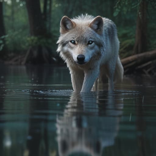 In a serene, moonlit forest, a majestic wolf with shimmering, transparent fur emerges from a crystal-clear lake. The water ripples around its paws as it gazes intently at the viewer, its icy blue eyes glowing with an otherworldly light. The surrounding trees are reflected in the water, creating a dreamlike, ethereal atmosphere. The wolf's fur glistens with droplets of water, giving it an almost magical appearance. The scene is both tranquil and mysterious, capturing the essence of the powerful Water Clear Wolf. fantastical creatures or characters inspired by mythology, folklore, or popular culture. use vibrant colors, sharp lines, intricate details, dynamic poses, dramatic lighting, atmospheric backgrounds, and blend anime, manga, and Weste