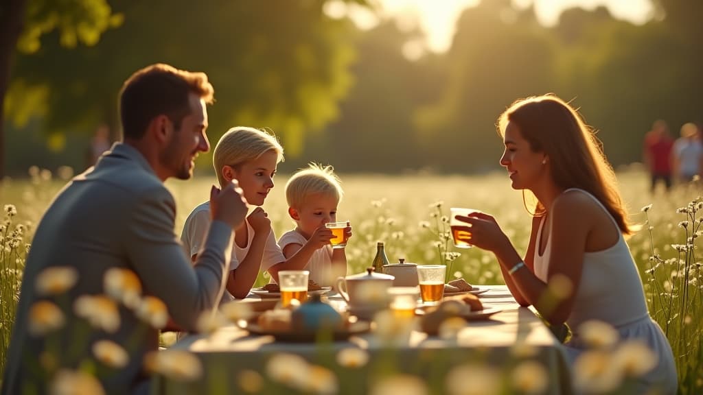  scenes about health and fitness, an outdoor picnic scene with families enjoying chamomile tea, illustrating its role in social health. hyperrealistic, full body, detailed clothing, highly detailed, cinematic lighting, stunningly beautiful, intricate, sharp focus, f/1. 8, 85mm, (centered image composition), (professionally color graded), ((bright soft diffused light)), volumetric fog, trending on instagram, trending on tumblr, HDR 4K, 8K