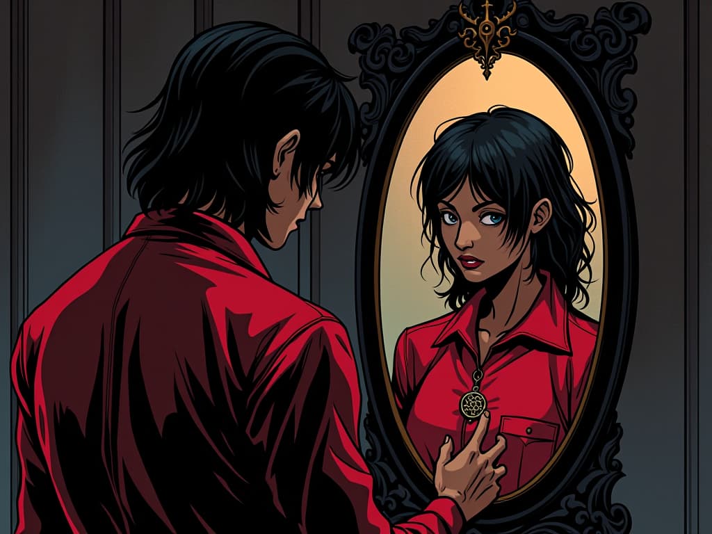  coworker in red attire, gazing into a mirror, distorted reflection, struggle with self image. the style is digital art illustration / modern comic book / graphic dark novel fantasy and mysterious occult, symbolic, moody lighting, esoteric vibe,high detail on character design. for the color scheme emphasize blacks and reds.