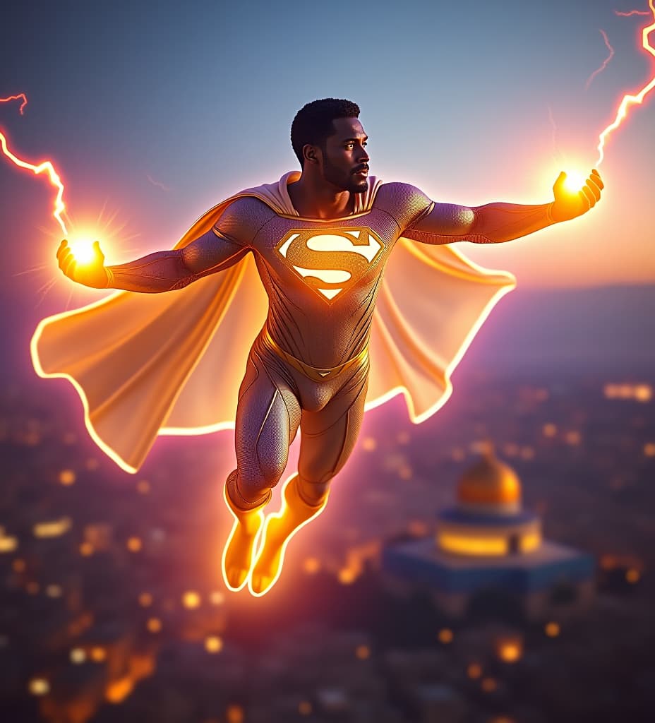  african superman king priest, flying over the dome of the rock in jerusalem, his cape is radiant iridescent gold electric blue magenta iridescent translucent gold mli foil, transparent iridescent lightsail cape.bfuull body aurora aura. his suit is shiny reflective iridescent aurora ultraviolet infrared, white and golden glowing iridescent, gold. golden shining energy gold armor. iridescent glowing illuminated gold "s" on chest, kamehameha plasma power sphere iridescent flashing solar fireballs glowing from his lightning fists. glowing iridescent lightning shooting out radiating from his eyes, short curly temple fade black hair on head, white platinum goatee beard.