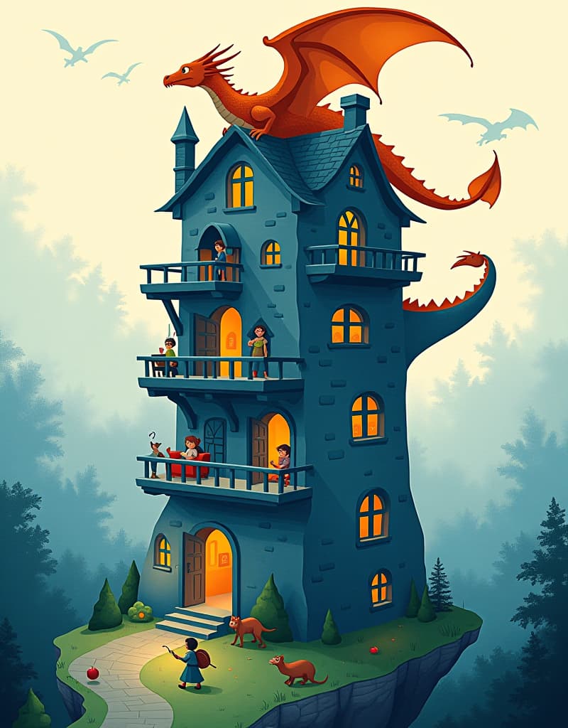  fantasy illustration: tall blue dragon house, multiple floors. large orange dragon on roof. smaller magical creatures throughout. cozy interiors visible. forest animals below. misty background, faint dragon sketches. detailed, painterly style. cool blues, warm oranges. whimsical, storybook feel. 'call of dragons' texthyper detail, intricate details, sharp focus, high resolution, 8k, ultra detailed, vib