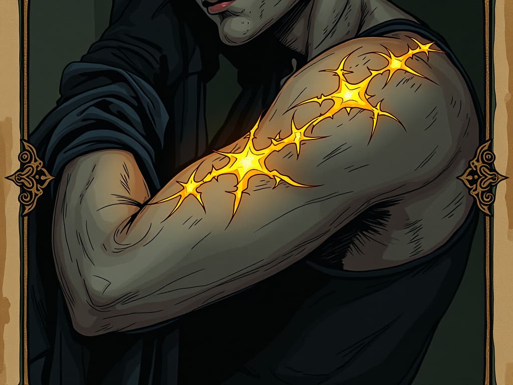  close up of a figure's scars glowing with golden light, symbolizing resilience, detailed, radiant, strong. an illustration in the style of a worn, mystical old tarot trump card, mysterious and elements of surrealism. the colors are muted, somber and eerie, but with contrast bring out an occult and esoteric vibe.