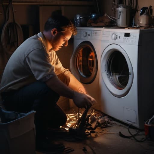 A photo of a skilled technician repairing a malfunctioning washing machine in a dimly lit basement during the late afternoon, with a single bare light bulb casting dramatic shadows across the cluttered tools and appliance parts scattered around.