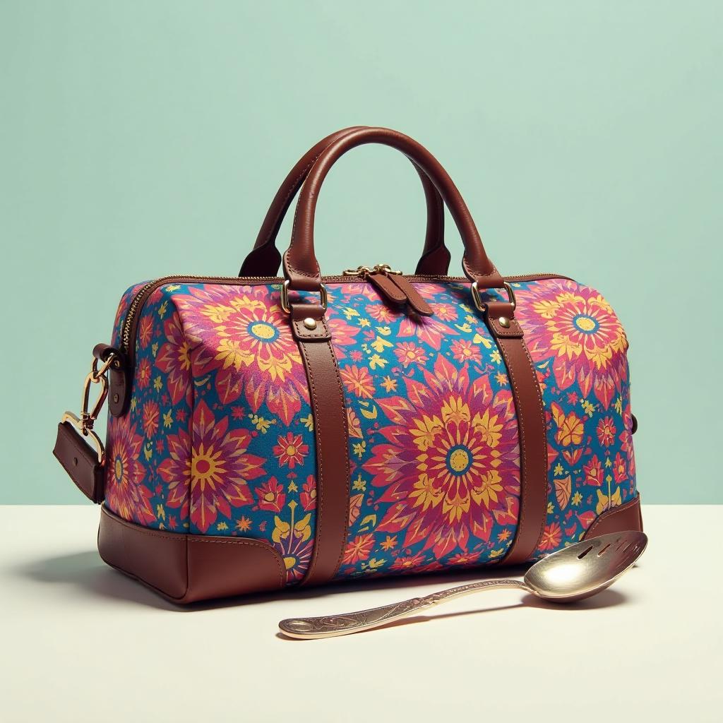  create a pixel art image featuring a vibrant duffel bag with dynamic patterns, set against a minimalist background. incorporate a detailed macro shot of a slotted spoon resting next to the duffel bag, capturing the intricate textures and metallic sheen of the spoon. focus on the interplay of shadows and highlights to emphasize the surface details, while ensuring both objects are in harmony with each other. the overall composition should evoke a sense of adventure, blending travel elements with everyday kitchen tools seamlessly.