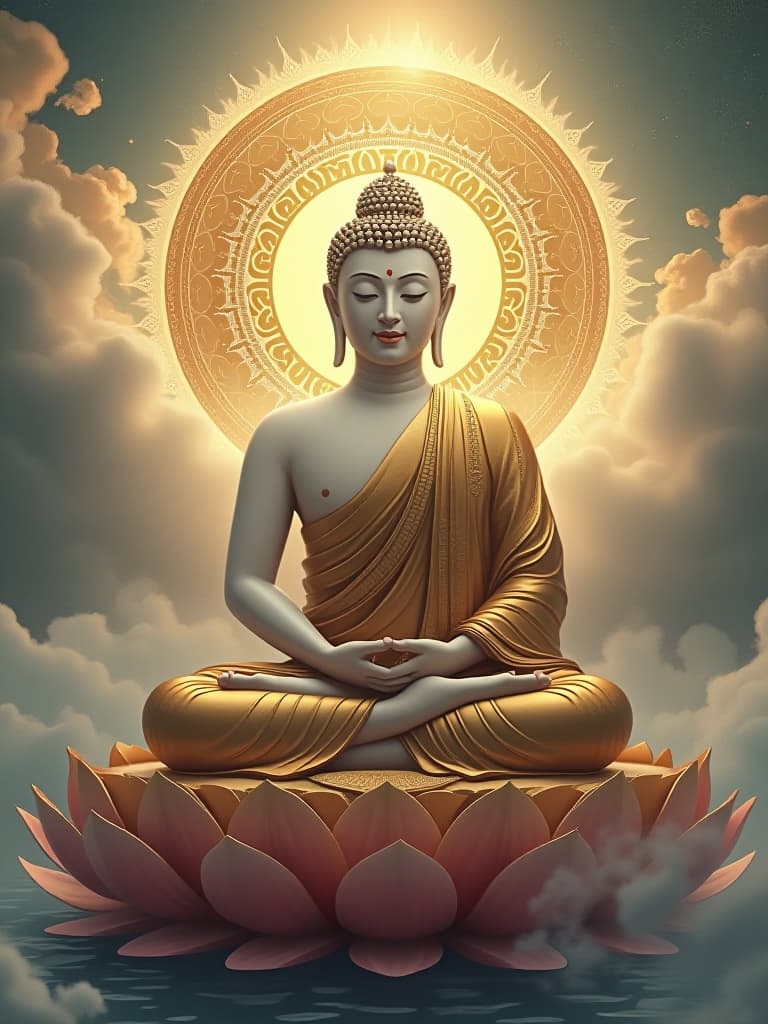  the buddha sits on the throne of the lotus, with a kind and calm face, with his hands on his knees, his eyes closed, his eyes white, his eyes white, and his eyelids soft. and in gold, and the horns of the robes, and the clouds around them, there was a radiant wheel shining behind them, and in the emptiness of the luminous pool, the light was soft