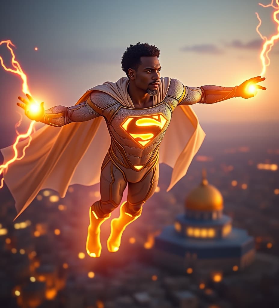  african superman king priest, flying over the dome of the rock in jerusalem, his cape is radiant iridescent gold electric blue magenta iridescent translucent, gold mli foil transparent iridescent lightsail cape. his suit is pearlescent iridescent ultraviolet infrared, white and golden glowing iridescent, gold, golden shining energy armor. iridescent glowing illuminated gold "s" on chest, kamehameha plasma power sphere iridescent flashing solar fireballs glowing from his lightning fists. glowing iridescent lightning shooting from his eyes, short curly temple fade black hair on head, white platinum goatee beard.