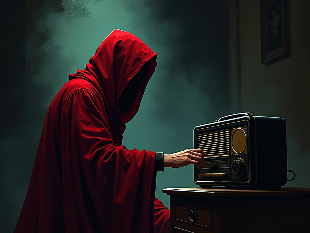  person in red robe, old fashioned radio playing song, moment of resonance. the style is digital art illustration / modern comic book / graphic dark novel fantasy and mysterious occult, symbolic, moody lighting, esoteric vibe,high detail on character design. for the color scheme emphasize blacks and reds.