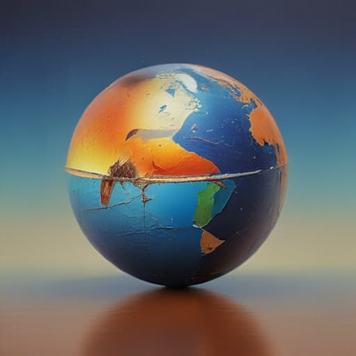 An image of earth (not the globe), air, water and fire in Surrealist style with Gradient background