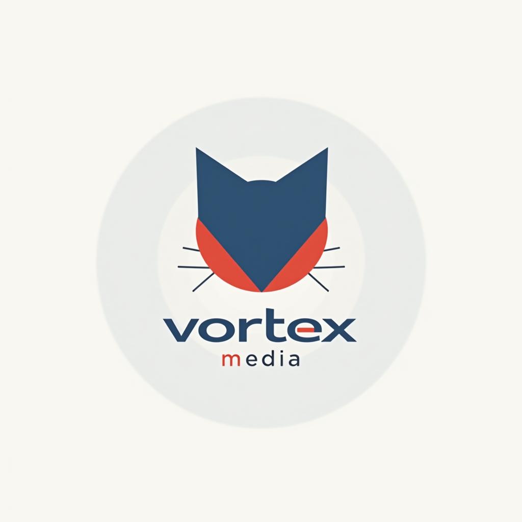  design a logo, minimalistic logo of a cat, blue and red background, with the text 'vortex media'.