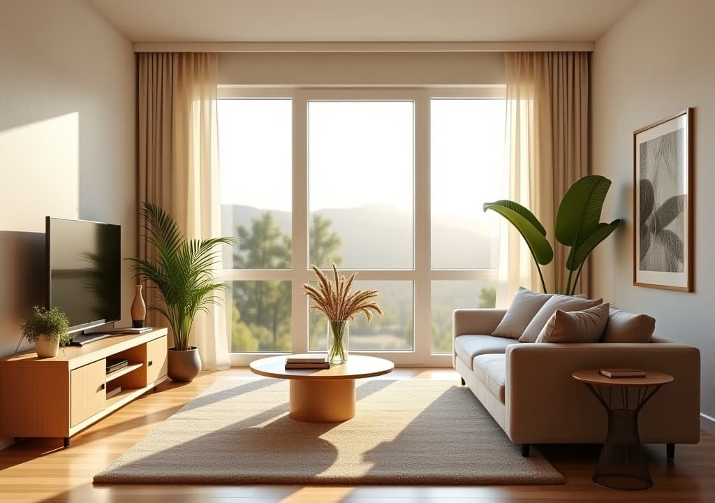  living room at home with morning sunlight at big window for background usage. interior background concept. white, britht tone