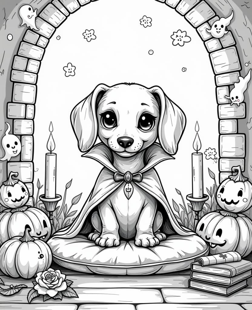  coloring book page a cute kawaii dachshund dressed as a vampire in a castle with kawaii gargoyles and haunted candles: the little dog is wearing a little vampire cape, sitting on a cushion decorated with little ghosts and pumpkins. around him, there are gargoyles with big, shiny eyes, smiling in a friendly way from the corners of the castle. haunted candles float in the air, with little kawaii faces and a soft light illuminating the scene. the floor is decorated with wilted roses and delicate spiderwebs that envelop some old books scattered near the little dog., high quality, high details, hd, perfect composition, 4k epic detailed, highly detailed, sharp focus, high resolution