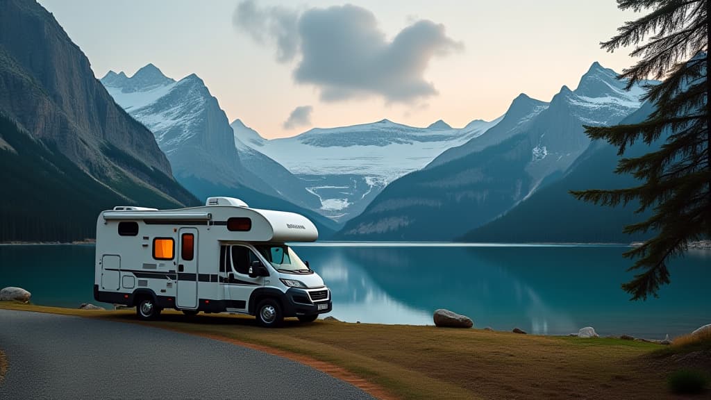  camper parked at a lake, mountains in background, scandinavian