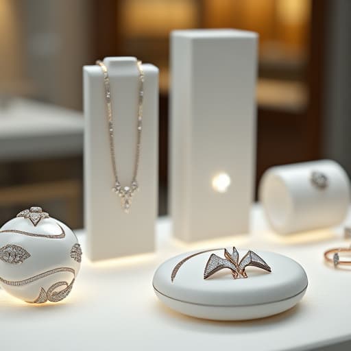  create an image with the following specifications: main subject: description: a collection of modern rivisormus designs showcasing different styles and trends. style: contemporary and elegant. setting: location: a high end jewelry display case. composition: framing: close up view of the jewelry display, focusing on the variety of rivisormus designs. style: art movement: minimalism. technique: high contrast studio photography. atmosphere: mood: sophisticated and luxurious. color palette: dominant colors: white, silver, gold, rose gold. mood: sleek and modern. details: foreground: various rivisormus designs featuring different metal finishes and diamond arrangements. background: soft focus, blurred jewelry display case interior. techn hyperrealistic, full body, detailed clothing, highly detailed, cinematic lighting, stunningly beautiful, intricate, sharp focus, f/1. 8, 85mm, (centered image composition), (professionally color graded), ((bright soft diffused light)), volumetric fog, trending on instagram, trending on tumblr, HDR 4K, 8K