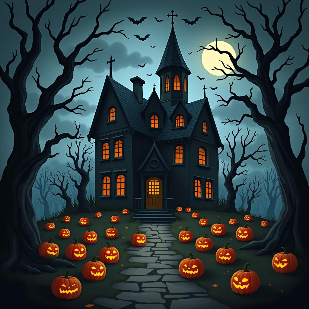  create a seamless digital painting of a spooky, halloween themed scene featuring a haunted house with gothic architecture. the house should be surrounded by twisted, gnarled trees and a multitude of jack o' lanterns. the scene should include a dark, cloudy sky to enhance the eerie atmosphere. the overall style should be detailed and atmospheric, capturing the essence of a haunted, creepy environment perfect for halloween, ensuring the design is seamless for use in repeating patterns or wraps.