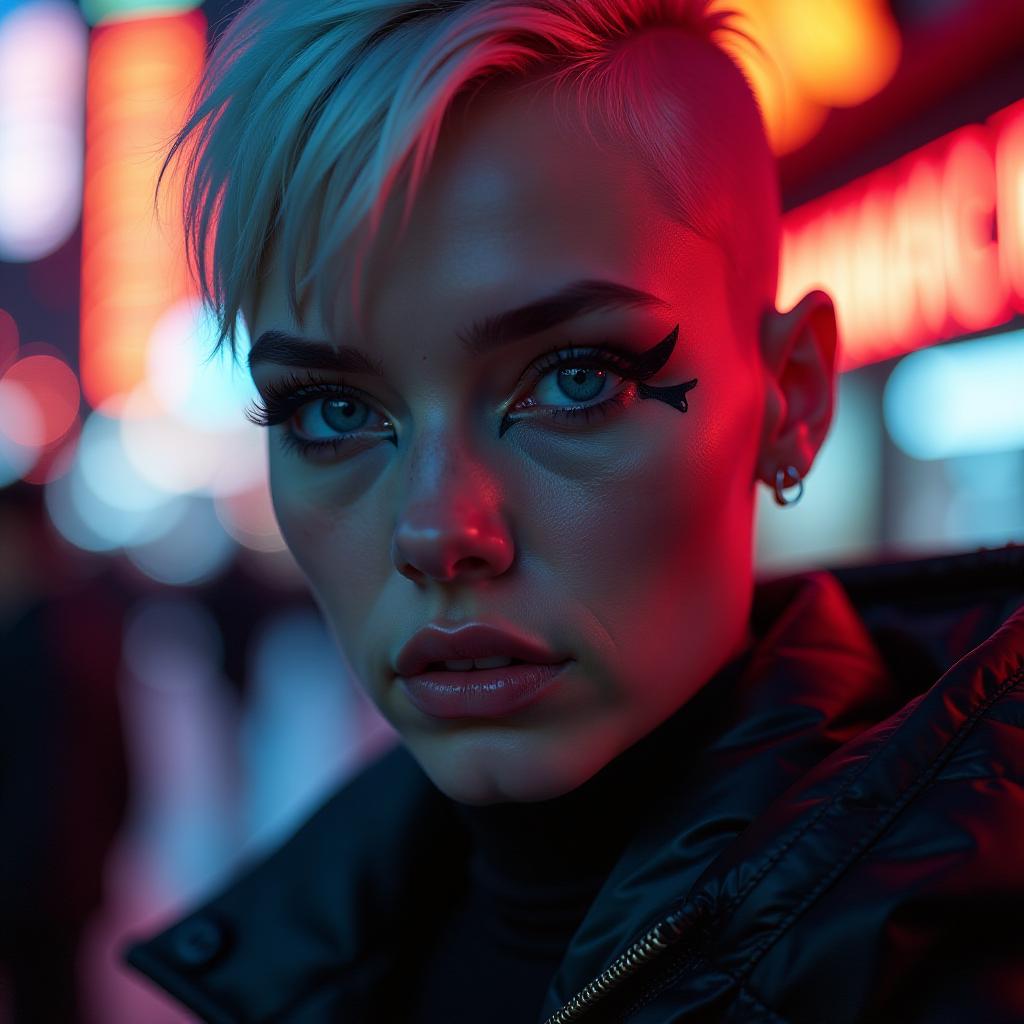  ultra realistic close up portrait ((beautiful pale cyberpunk female with heavy black eyeliner)), blue eyes, shaved side haircut, hyper detail, cinematic lighting, magic neon, dark red city, canon eos r3, nikon, f/1.4, iso 200, 1/160s, 8k, raw, unedited, symmetrical balance, in frame, 8k hyperrealistic, full body, detailed clothing, highly detailed, cinematic lighting, stunningly beautiful, intricate, sharp focus, f/1. 8, 85mm, (centered image composition), (professionally color graded), ((bright soft diffused light)), volumetric fog, trending on instagram, trending on tumblr, HDR 4K, 8K