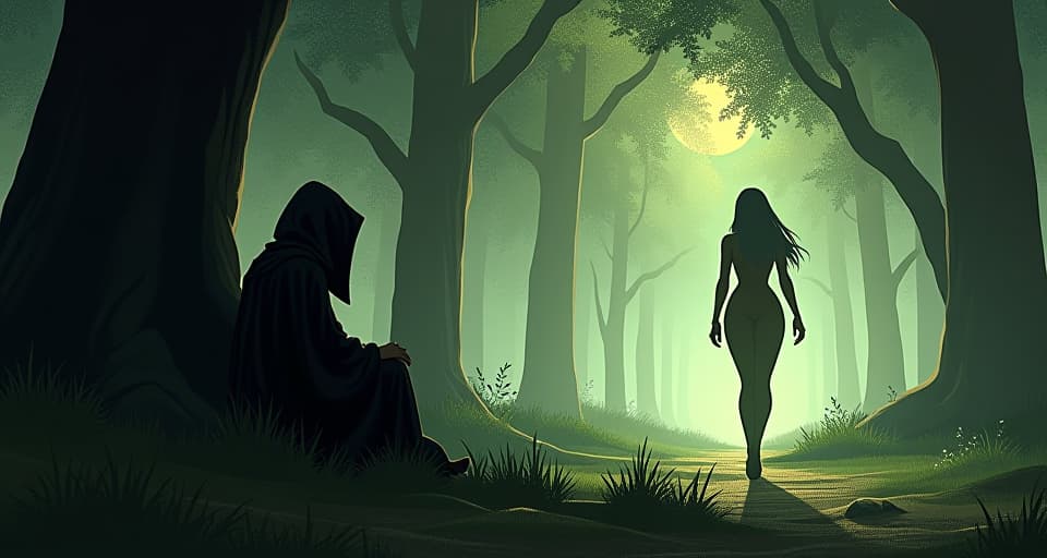  a robed figure sitting in shadow at the edge of a sacred grove, large busted woman in tight attire walking away, aura of sudden silence and retreat. the style is digital art illustration / modern comic book / mysterious occult, symbolic, esoteric vibe,high detail on character design, incorporating ancient egyptian symbology and attire.