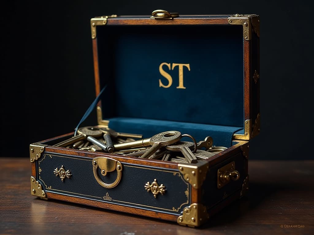  i look into a large, open, ancient, elegant box with a gold edging stuffed with keys and tools. located flat, full face, right in front of my face inside a dark blue velour. on the front panel of the box is the "s t" of gold