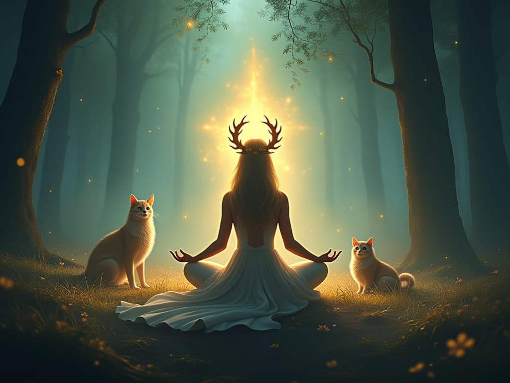  soul centered and grounded, ethereal forest background with glowing celestial lights. mystical creatures reflect harmonic alignment.. the style is digital art illustration,highly detailed, whimsical,magical, dreamlike atmosphere, realism and fantasy blend, smooth, glossy textures,luminous quality, wonder and enchantment.