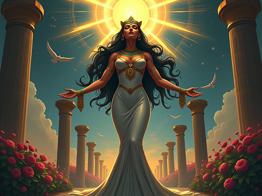  a large busted goddess, form fitting shimmering gown, radiating joy amidst chaos, flourishing gardens in the background, celestial peace. the style is digital art illustration / modern comic book / mysterious occult, symbolic, esoteric vibe,high detail on character design, incorporating ancient egyptian symbology and attire.