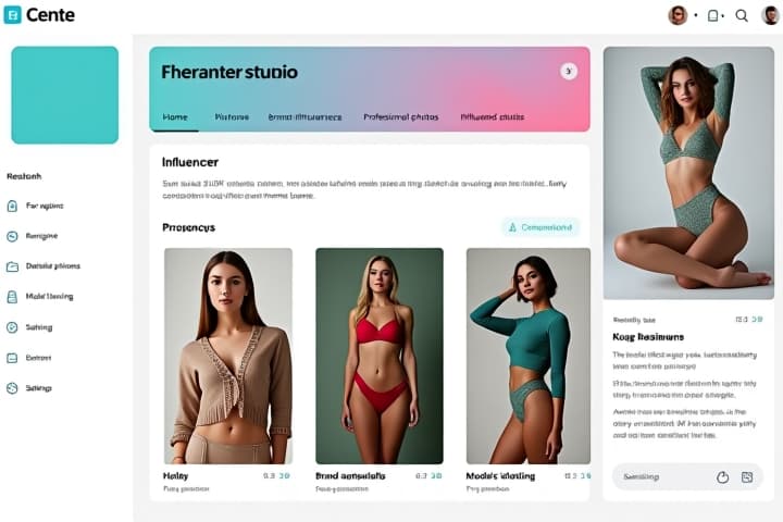  design a user interface for an ai brand influencer dashboard with the following elements, ensuring every pixel and text detail is accurately represented: layout: left sidebar: logo area: positioned at the top left corner, with a rectangular logo placeholder in teal. navigation menu: below the logo, create a vertical list with items: 'home,' 'my generations,' and 'influencer studio.' sub menu: under 'influencer studio,' add nested items: 'brand influencer,' 'face replace,' 'professional photos,' 'reimagin,' 'model training,' 'ai clothing,' 'prompt generation,' and 'pro generation.' additional options: at the bottom of the sidebar, include 'knowledge base' and 'settings' with corresponding icons on the left. top banner: ad banner: cente hyperrealistic, full body, detailed clothing, highly detailed, cinematic lighting, stunningly beautiful, intricate, sharp focus, f/1. 8, 85mm, (centered image composition), (professionally color graded), ((bright soft diffused light)), volumetric fog, trending on instagram, trending on tumblr, HDR 4K, 8K