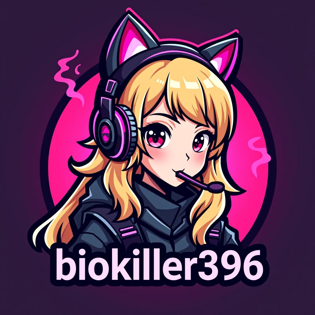  design a logo, blonde gamer girl with a cat ear headset with pink lights and smoke , with the text 'biokiller396'.